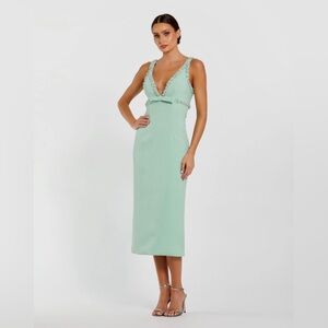 Mac Duggal Green Sheath Midi Dress Plunge Neckline